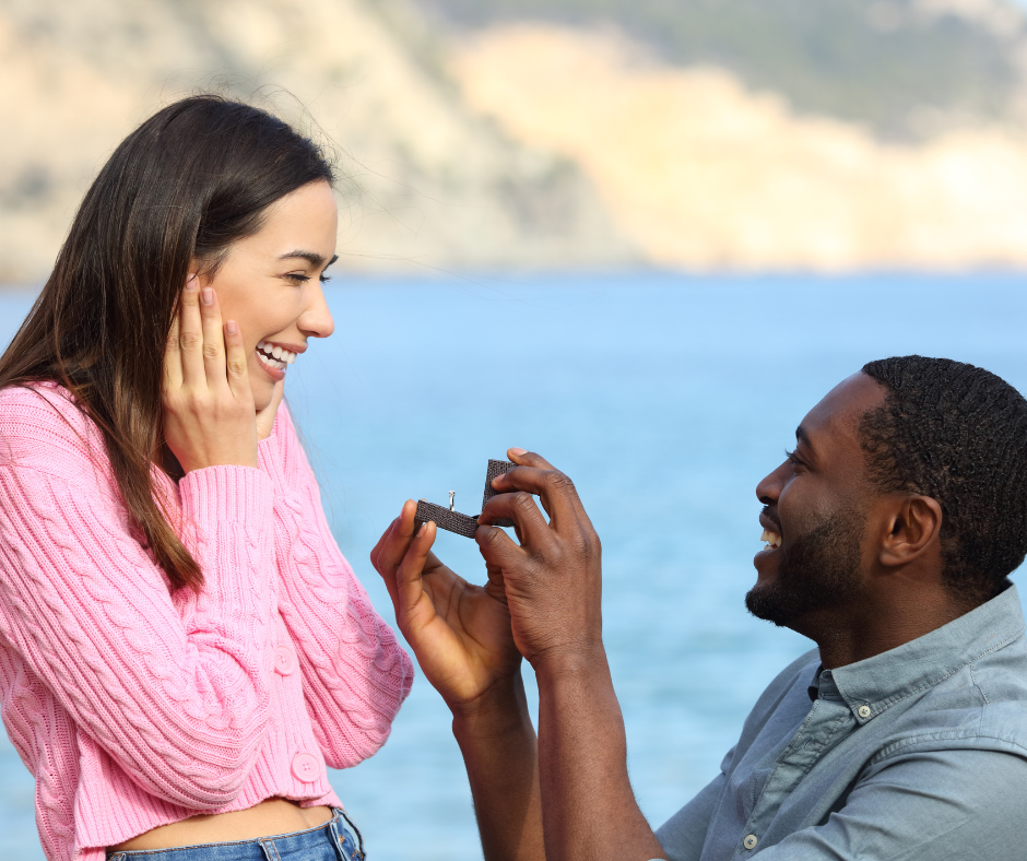Black man proposes to Latina woman.